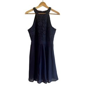 Lulus - Lover's Game Lace Skater Dress | Women's L, Navy, chiffon‎ skirt
